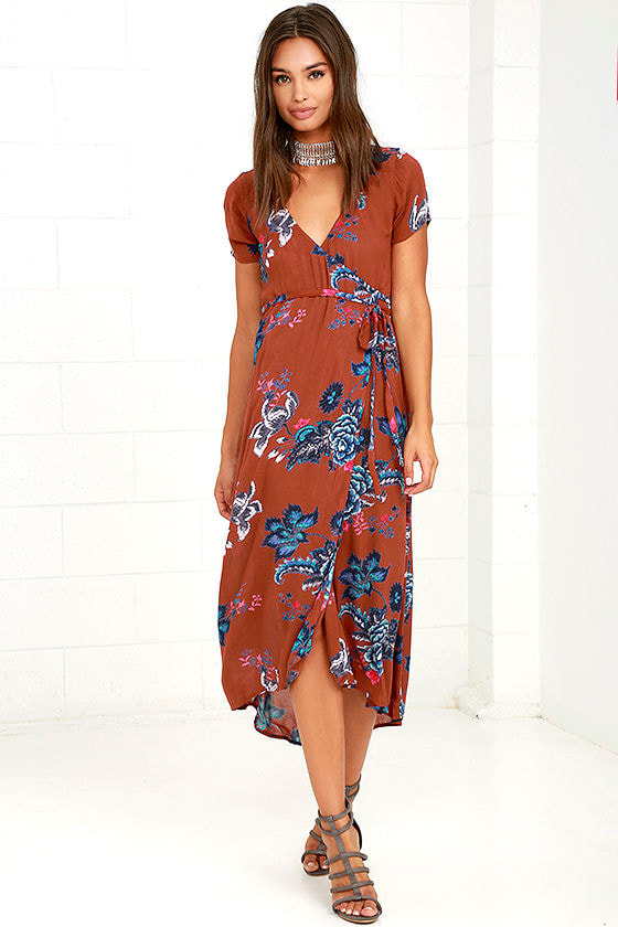 Billabong Wrap Me Up Dress - Rust Red Floral Print Dress - Wrap Dress -  $64.95 - Lulus